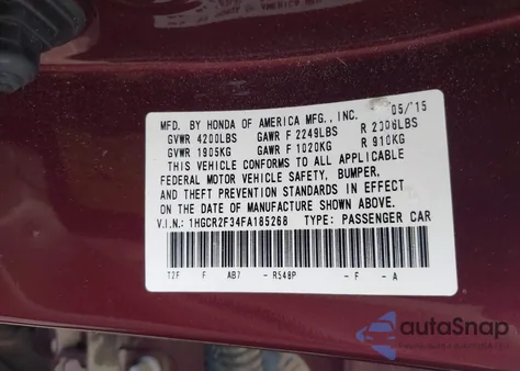 2015 Honda Accord Lx из США, поврежденный, VIN 1HGCR2F34FA185268